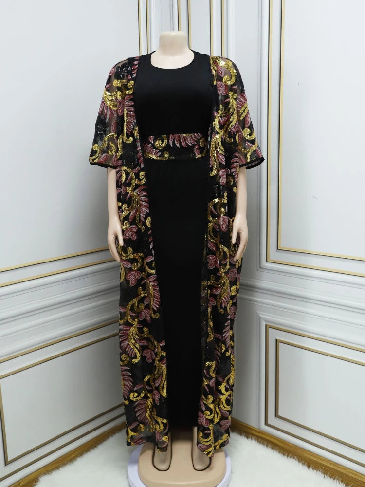 Dress for Women Sequins 3 Piece Set Abaya Belted Muslim Morocco Abayas Vestidos Largos Long Robe