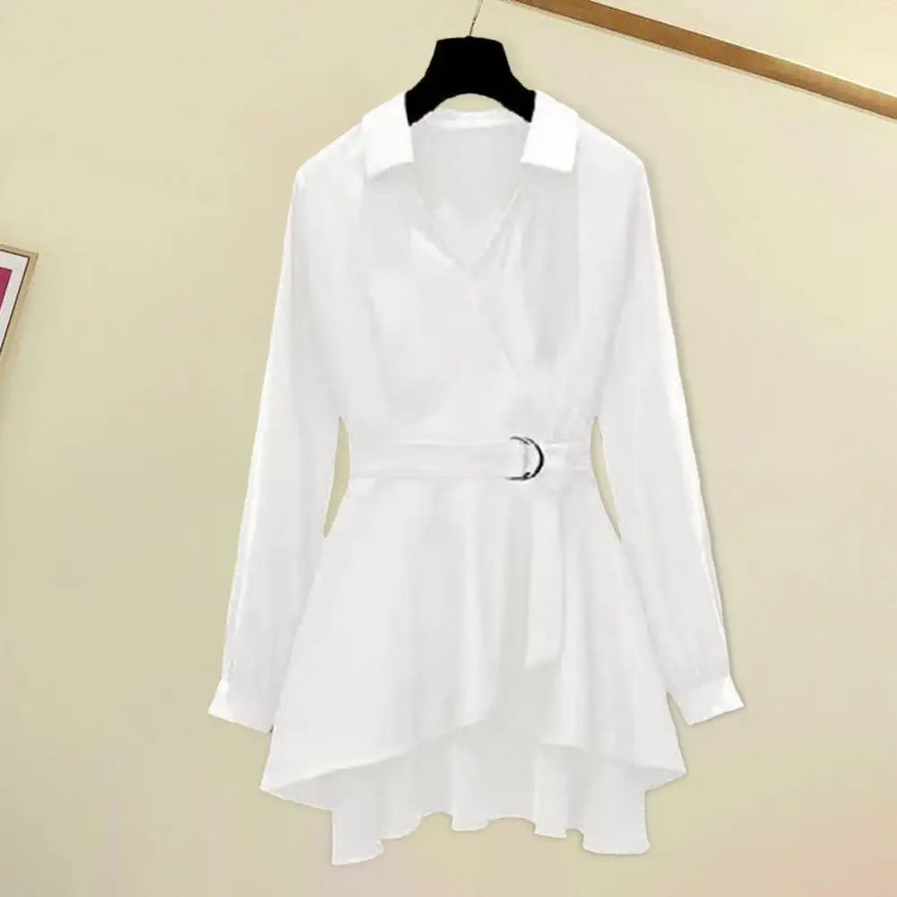Women's Shirt Lapel V Neck Long Sleeves Waist Tight Adjustable Belt Pullover Shirt Female Clothing