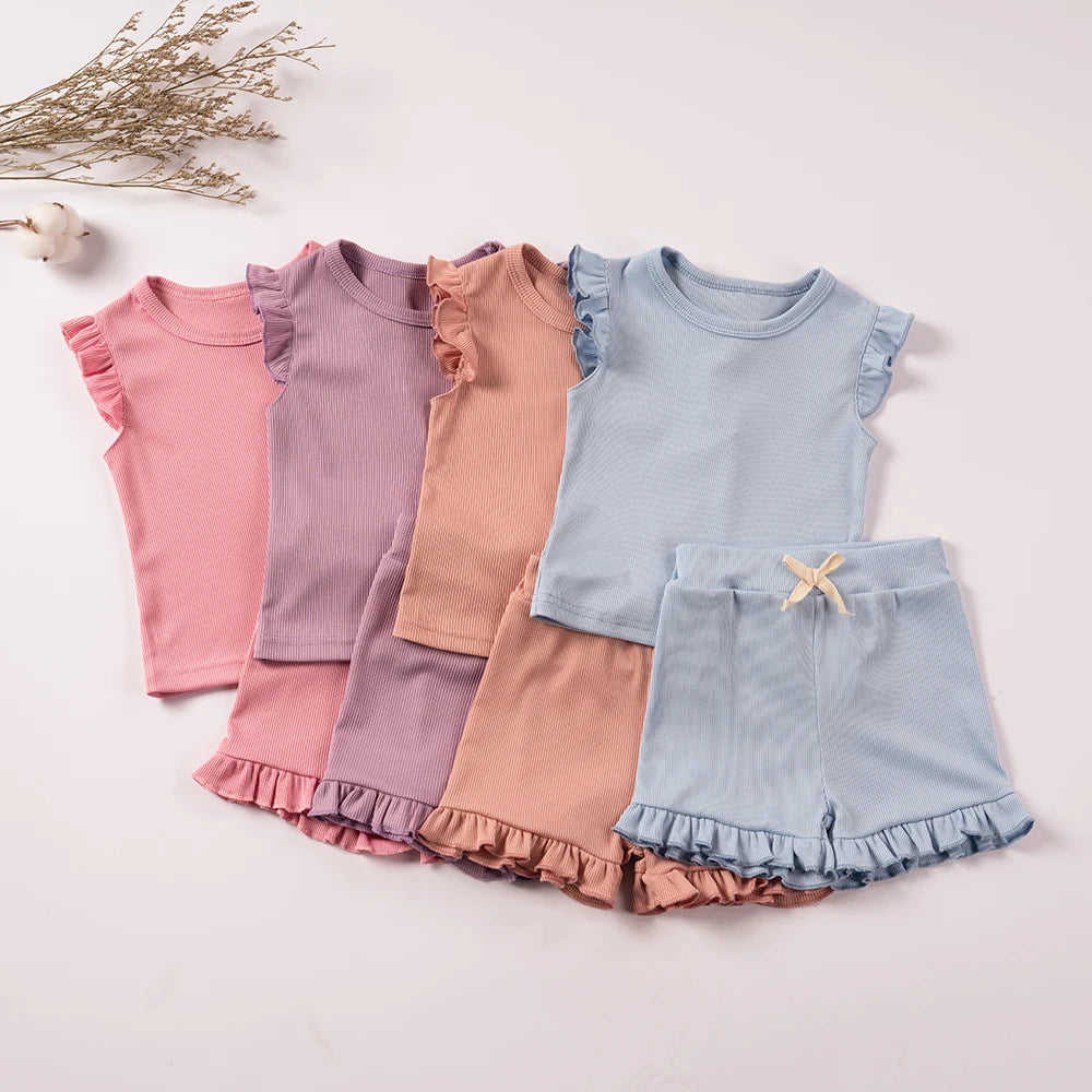 Summer Girls Clothes Sets 2pcs Fly Sleeve T-shirts Ruffle Shorts T-shrits Set Toddler Girl Clothes Suits Sleepwear Kids Clothing girl toddler