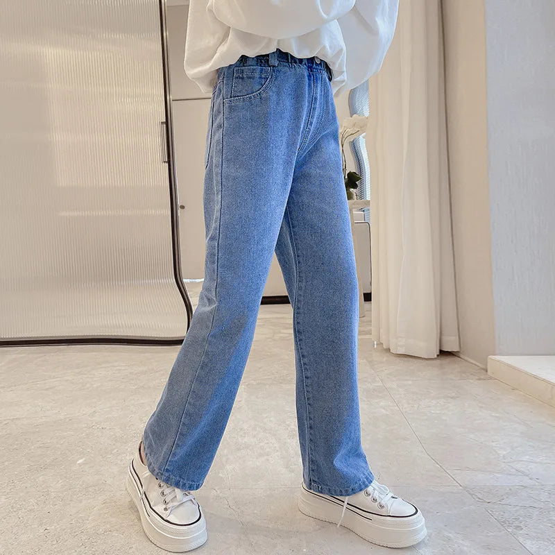 Spring Autumn Teenager Girls Denim Pants Children Trousers New Fashion Solid Color Girls Jeans