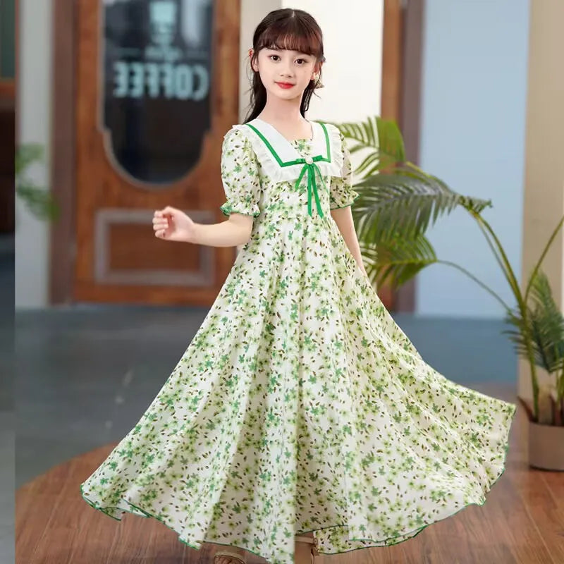 Girls Summer Elegant New Children Casual Princess Teenager floral pearl green dress