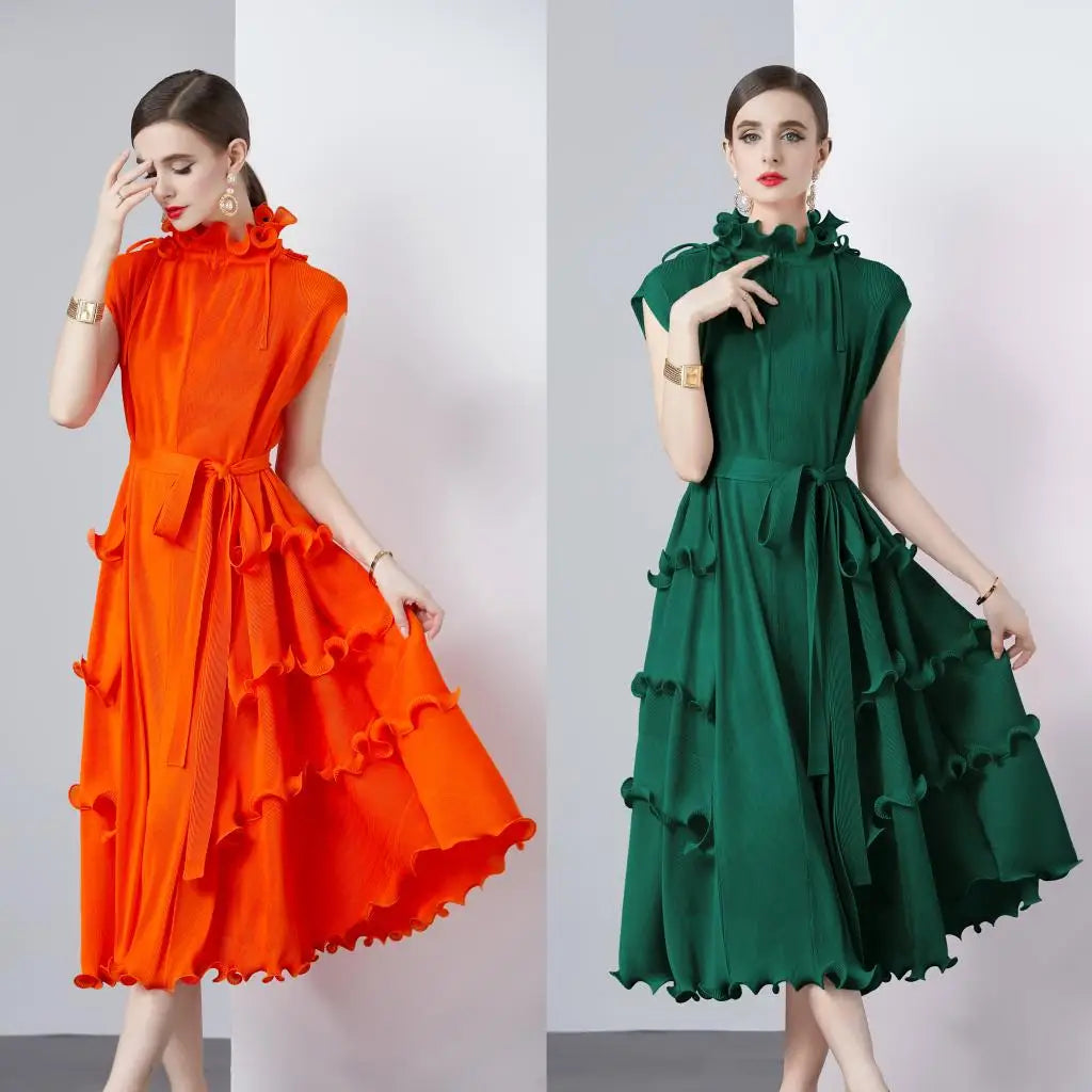 Elegant Pleated Dress For Women's Ruffles Stand Collar Sleeveless Belt High Waist A-Line Dress  Fashion New Clothing