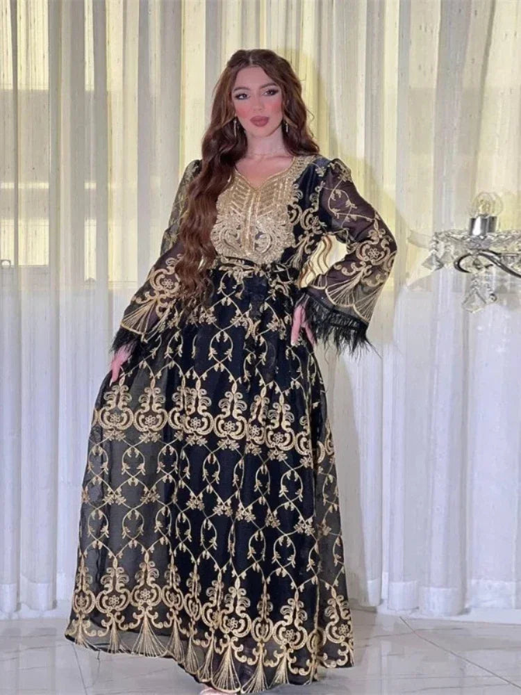 Muslim Ramadan Ethnic Floral Embroidery Beading Feathers Patchwork Long Sleeve V-Neck Dress woman With Sashes Djellaba Abaya