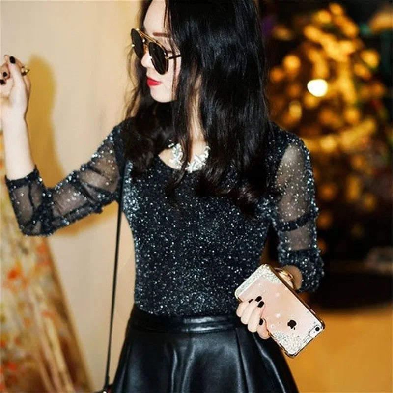 Women's Sexy Mesh Blouse Long Sleeve Transparent Shining Elegant Shirt Fashion Women Tops