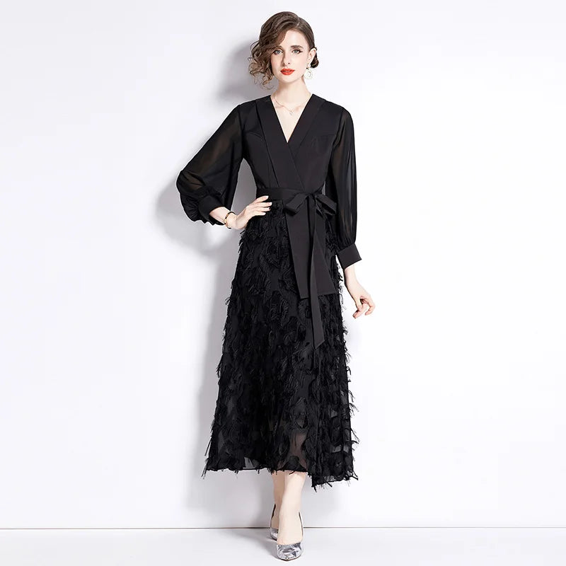 Socialite Party Vestido Women  Spring New V-Neck French Puffed Sleeve Tassel Stitching Elegant Ball Black Dress