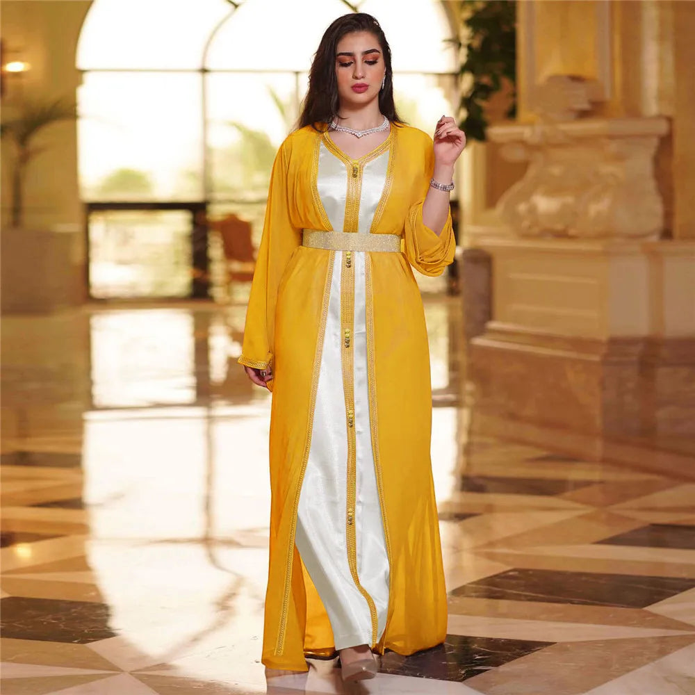 Muslim Open Abayas Sleeveless Dress 2 Piece Women Kaftan Chiffon Set Caftan Islamic Ramadan Vestidos Outfit