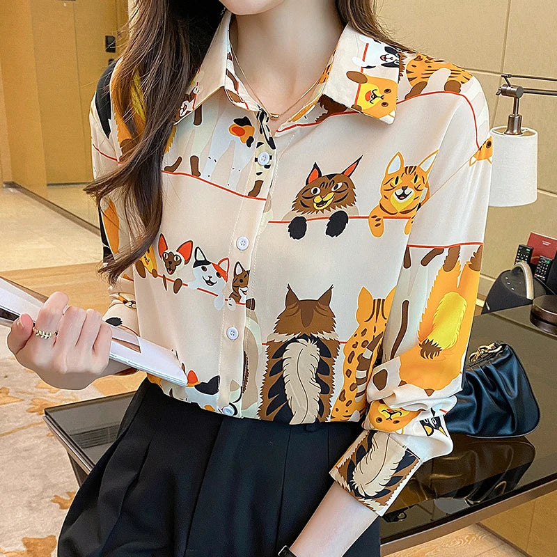 Loose Shirt Cute Cartoon Animal Graffiti Lapel Long Sleeve Chiffon Blouse Casual  Fashion Shirt