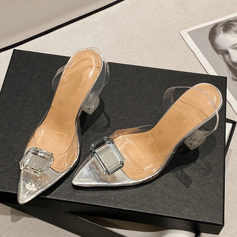 Transparent Shoes For Women  Sandal Fashion Big Diamond Pointed Toe Party Clear High Heels Pumps