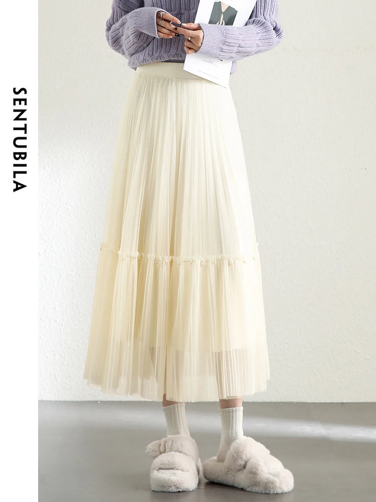 High Waist A-line Mesh Women's Skirt  Spring Simple Elastic Waist Beading Pleated Midi Skirts for Woman
