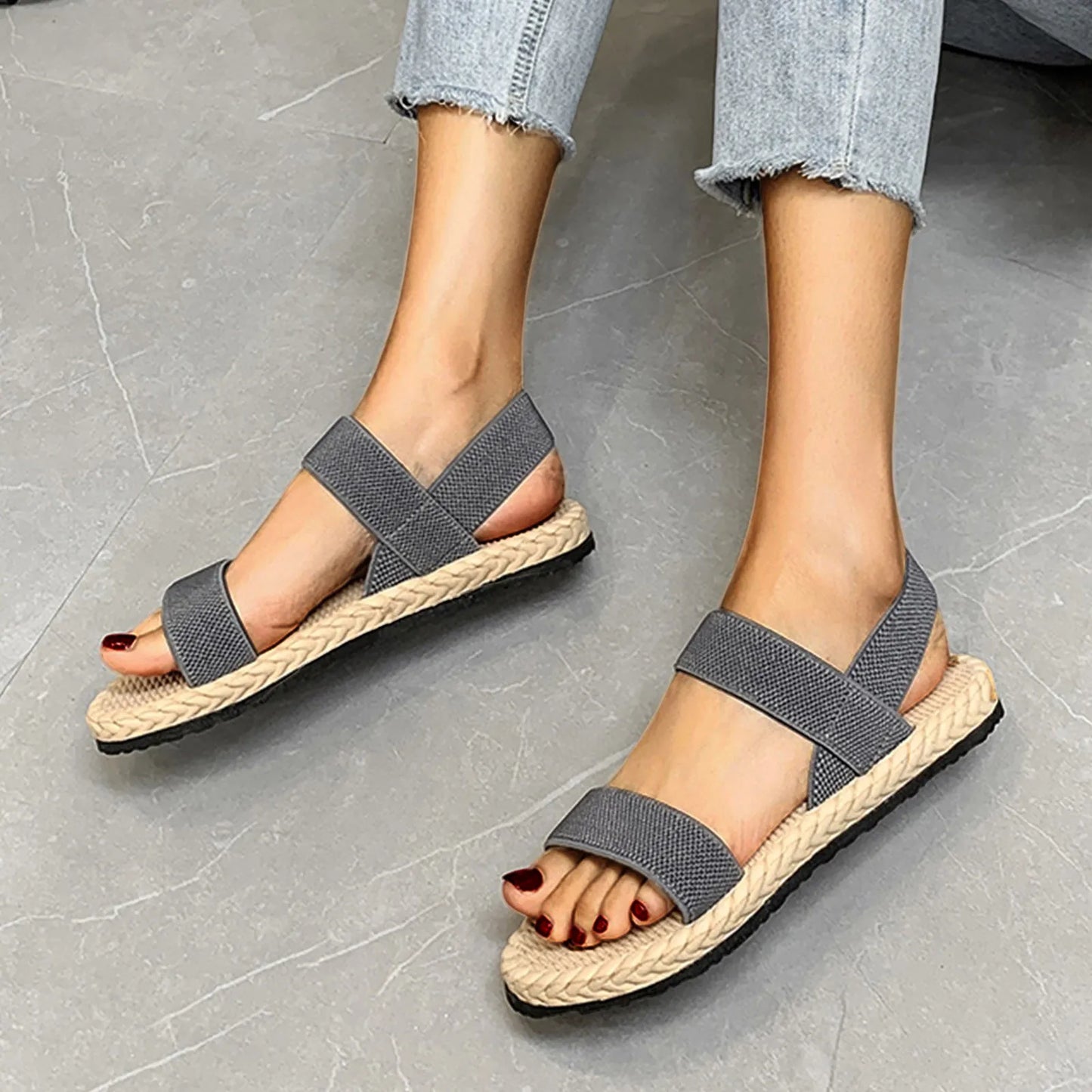 Summer Simple Sandals Solid Color Elastic Strap Open Toe Flat Bottom Outside Straw Linen Roman Shoes Plus Size Women's Sandals