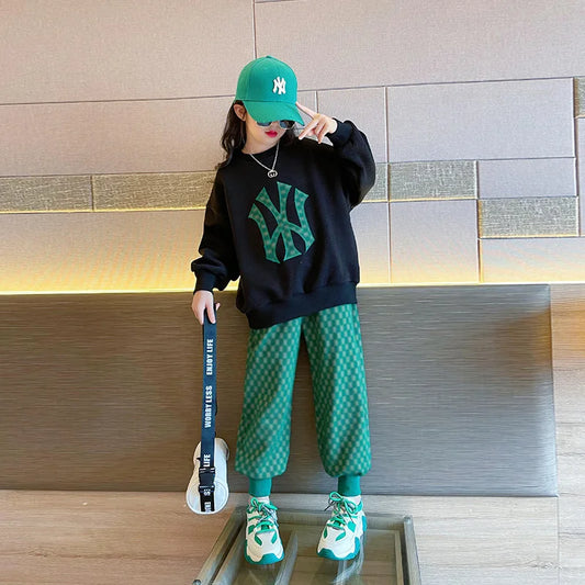 Spring Autumn Active Kids Clothes Girl Cotton Sport Tracksuit Long Sleeve Sweatshirt+Geometric Pant 2Pcs Outfit 6 8 12 14Y