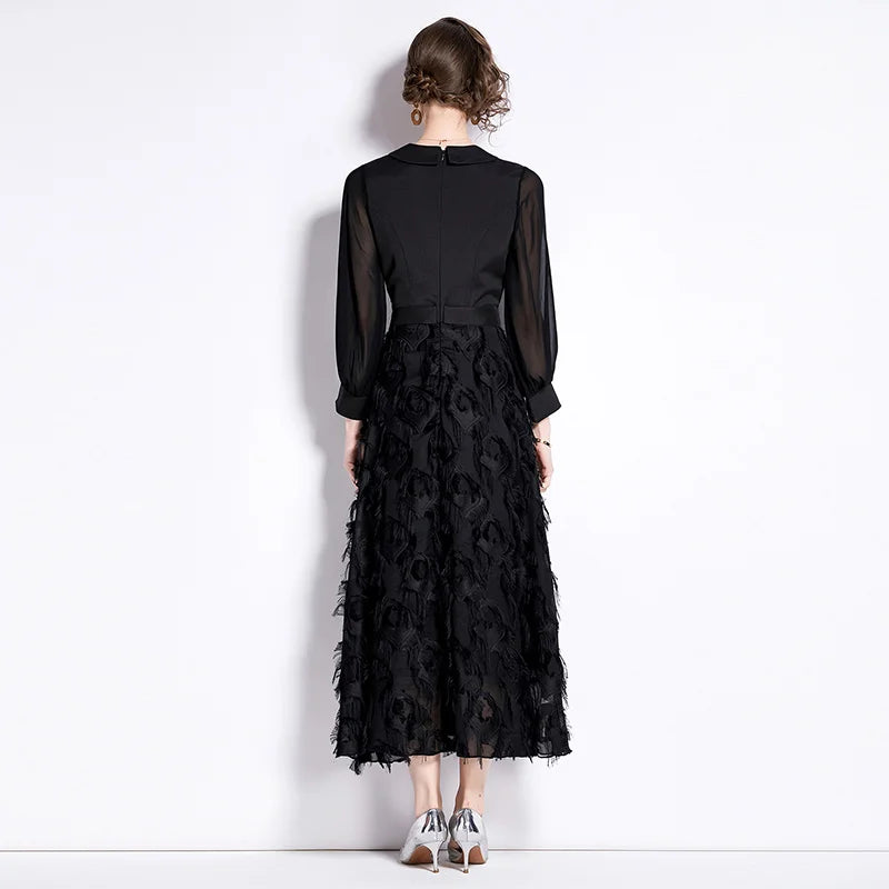 Socialite Party Vestido Women  Spring New V-Neck French Puffed Sleeve Tassel Stitching Elegant Ball Black Dress