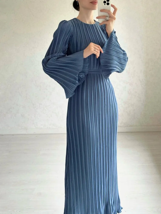 New Elegant Women's Pleated Maxi Dresses Fashion Belt Gathered Waist Solid Flare Sleeve O-neck Dress Females Party Dresses