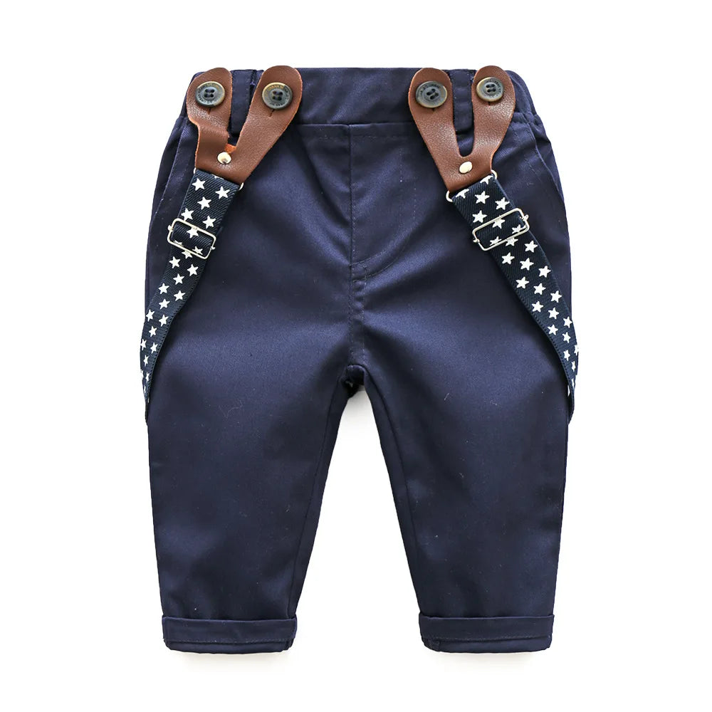 Spring Boys Outfit Set Korean Fashion Gentleman Plaid Cotton Tops+Pants+Strap+Tie Baby Clothing Newborn Clothes