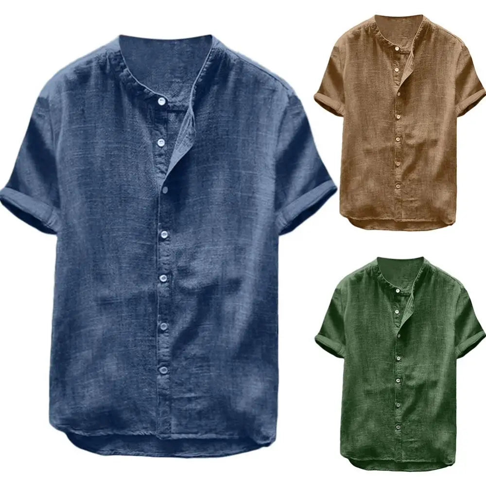 Skin-friendly Casual Short Sleeve Linen Buttons Cotton Solid Color Loose Men Comfortable Shirt Skin-friendly Down Beach Shirt to