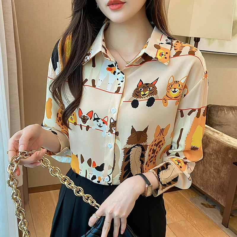 Loose Shirt Cute Cartoon Animal Graffiti Lapel Long Sleeve Chiffon Blouse Casual  Fashion Shirt