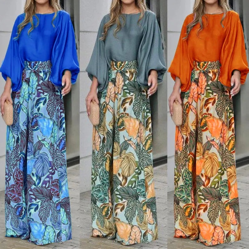 Summer Elegant Women's Leisure Fashion Set  Women's New Lantern Sleeves Loose Solid Tops Printed Wide Legs 2 Piece Set S-3XL