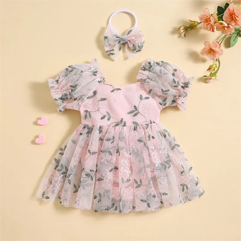 Newborn Baby Girl Puff Sleeve Embroidery Leaves A-line Romper Dress with Bowknot Headband Summer Cute Clothes