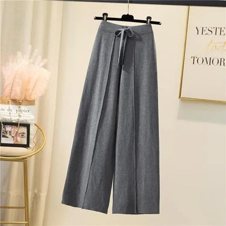 Autumn Winter Knitted Pants Women Wide Leg High Waisted Trousers Casual Soft Thicken Warm Straight