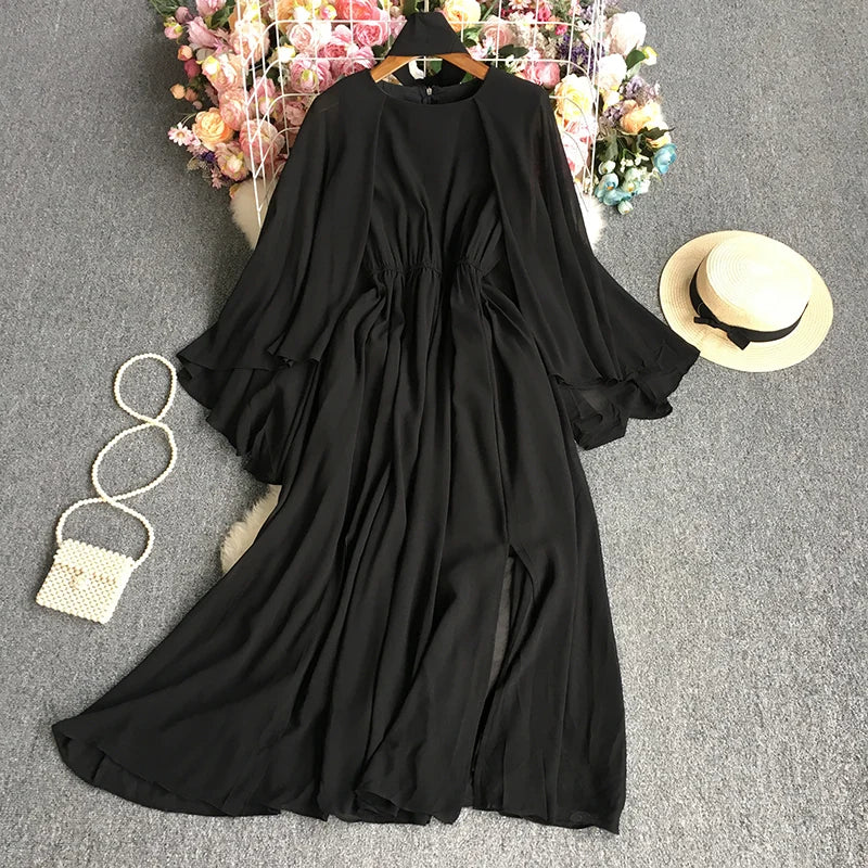 Solid Clothes Sweet Women Chic Female Ladies Vestido Butterfly Sleeve O Neck Folds Fashion A Line Elegant Casual Party Dress