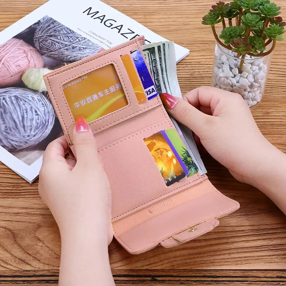 Women Solid Color Card Holder Handbag Trifold Short Wallet Cash Card Holder Coin Purse Bag