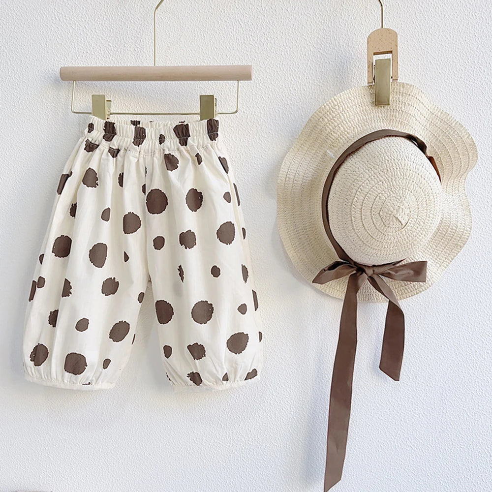 Sweet Polka Dot Girls Clothing Sets with Hat Summer New Solid Color Top + Casual Pants Set 3Pcs Fashion Baby Kids Clothes Suit kids girls  toddlers