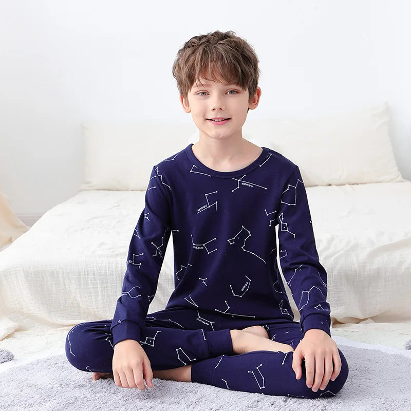 Teens Pajamas Long Sleeve Cotton Pyjamas Kids Clothes Sets Cartoon Big Boy Sleepwear