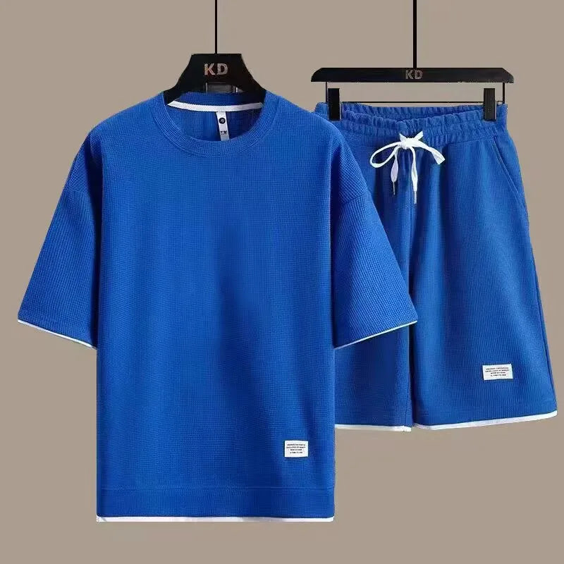 summer new men's sports casual loose Waffle short sleeve suit fashion top T-shirt + shorts handsome couple European code