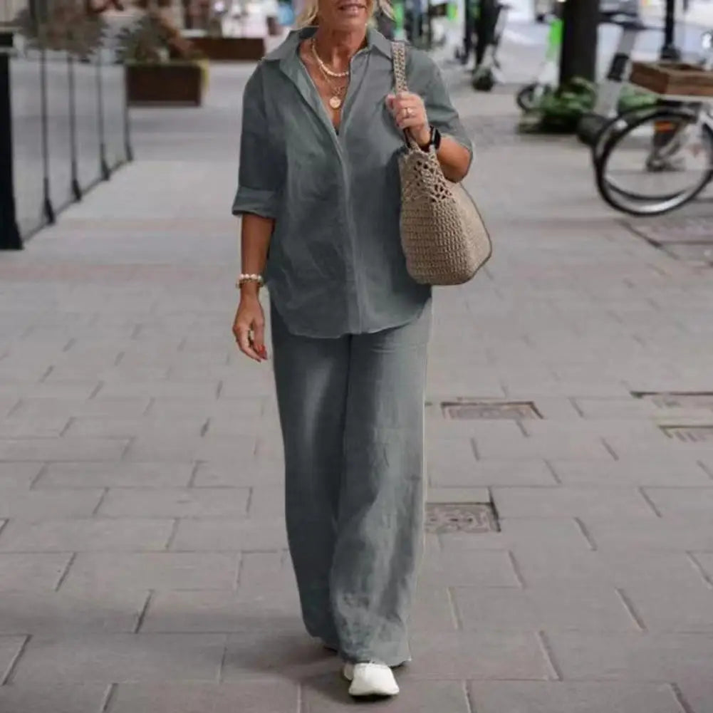 Women  Linen Lapel Shirt Two Pieces Set Vintage Solid Long Sleeve Button Blouse and Loose Straight Pants Casual Suits