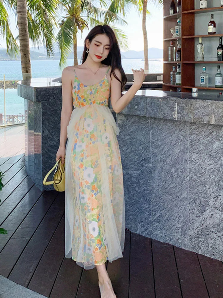 Women  Suspender Skirt Barbed Wire Gauze A-line Skirt Waist Thin and Gentle French Floral Dress  Female