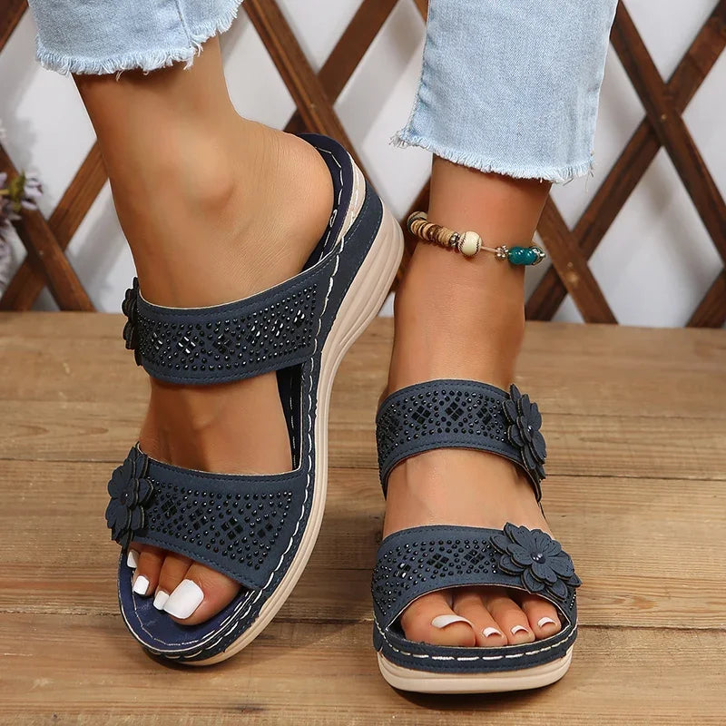 Summer Women Slippers Plus Size Women's Shoes Retro Roman Sandals Women Pu Casual Flower Wedge Sandals Platform Slippers