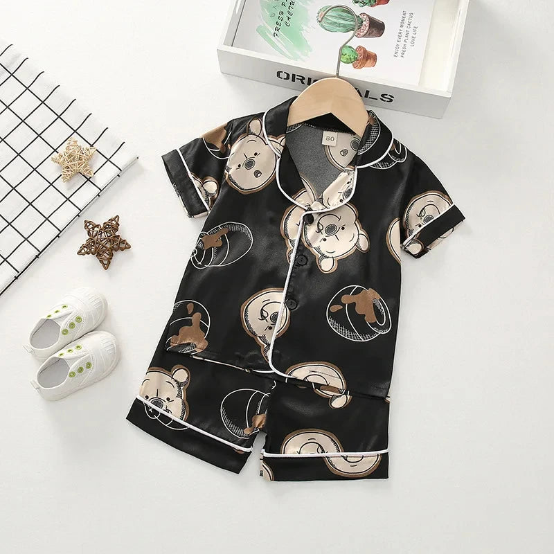 Kids Ice Silk Pajama Set Summer Baby Boys Silk Satin Cardigan Short Sleeve+Shorts 2Pcs Sets Children Casual Home Sleepwear