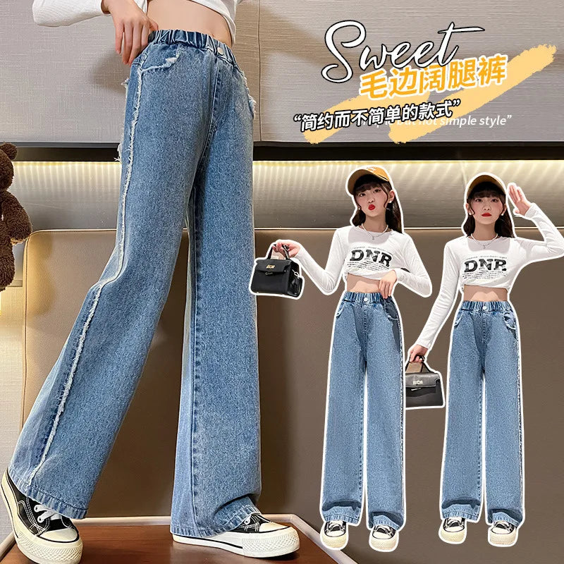 Jeans for Girls Autumn Clothes for Teenagers Solid Loose Kids Wide Leg Pants Fashion Casual Children Trousers