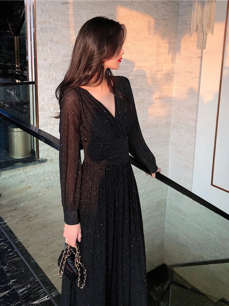 Summer Fashion Women's Dress Glittering Sequin Design Feeling Waist Crimping Temperament Long Sleeved Skirt Slim Dress