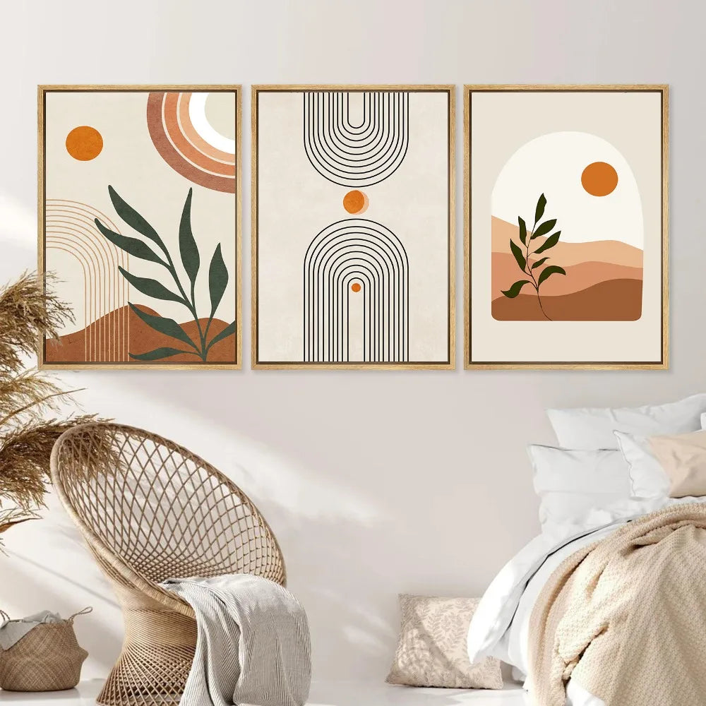 Modern Abstract 3pcs Boho Poster Geometric Plant Leaf Sun Line Canvas Painting Wall Art Print Picture Living Room Interior Decor