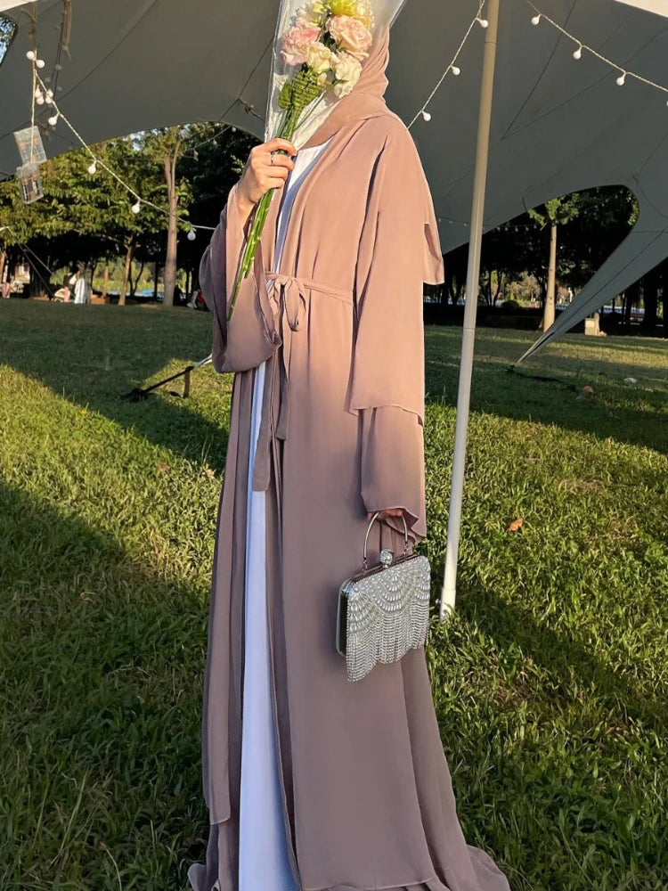 Eid Muslim Sets Two Pieces Abaya for Women Ruffles Sleeve Long Robe Cardigan Arab Ensemble Vestidos Abayas