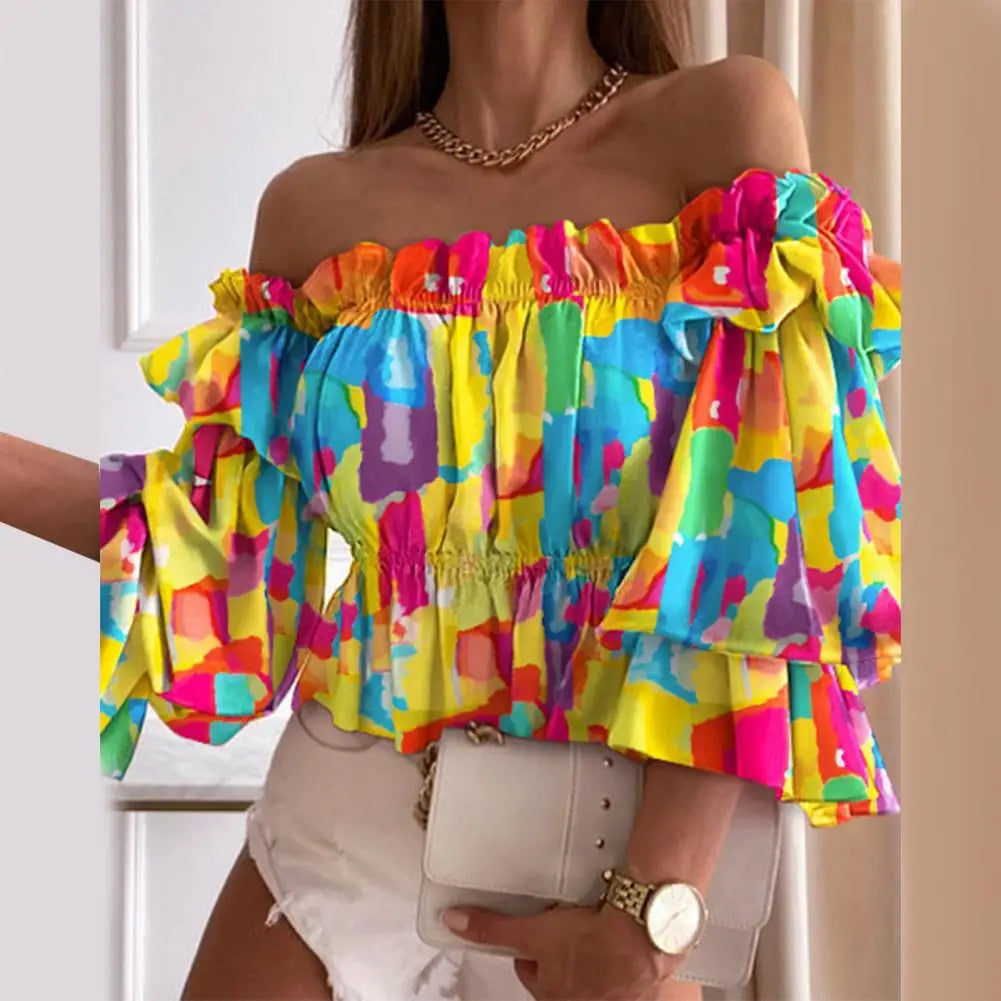 Women Blouse Flare Sleeve Shirt Colorful Multi-layer Elegant Off Shoulder Flounce Shirt Printed Pleated Ladies Ruffles Shirt
