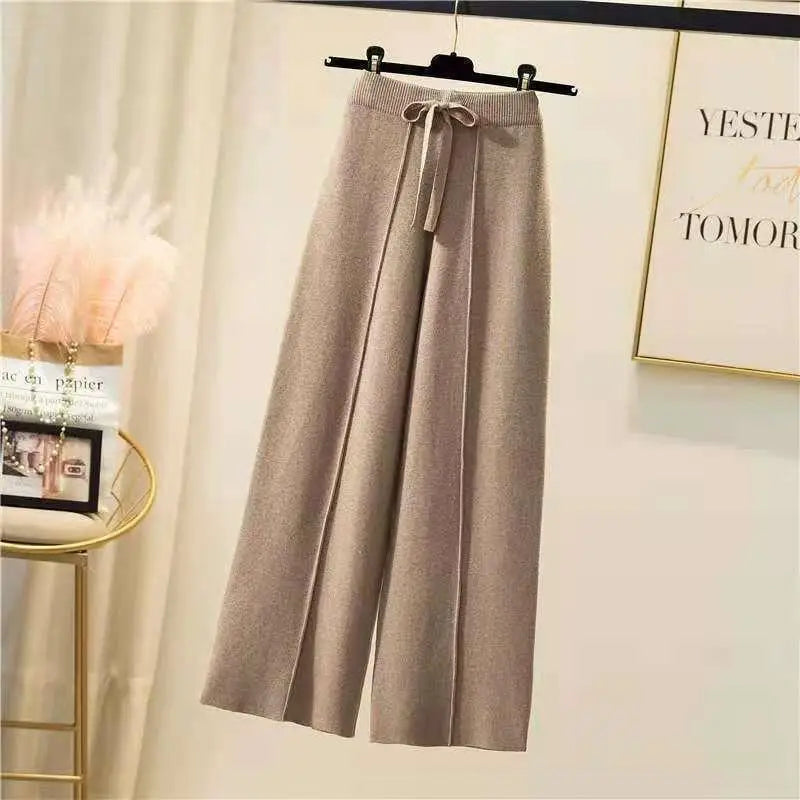 Autumn Winter Knitted Pants Women Wide Leg High Waisted Trousers Casual Soft Thicken Warm Straight