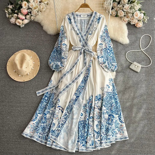 Autumn Runway Blue Flower Dress Women's V-Neck Long Puff Sleeve Single Breasted Floral Print Belt Boho Maxi Party Vestidos