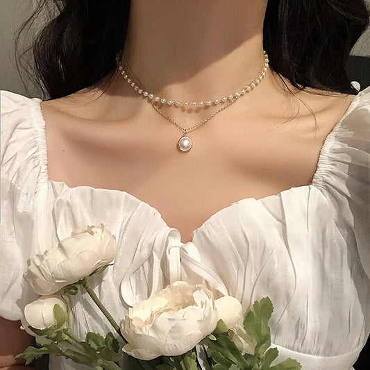 New Fashion  Pearl Choker Necklace Cute Double Layer Chain Pendant For Women Jewelry Girl Gift