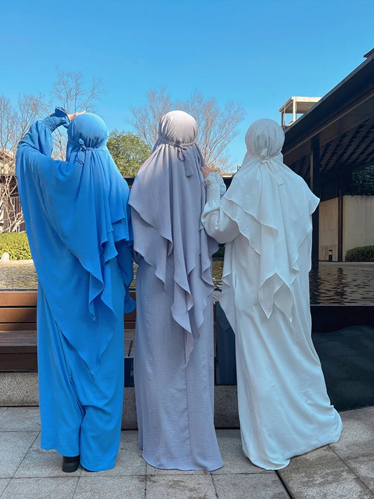 Jilbab Prayer Clothes Women Ramadan Islamic Jilbeb 2 Piece Set Dubai Turkish Modest Outfit Layered Khimar Scarf Hijab+Long Dress
