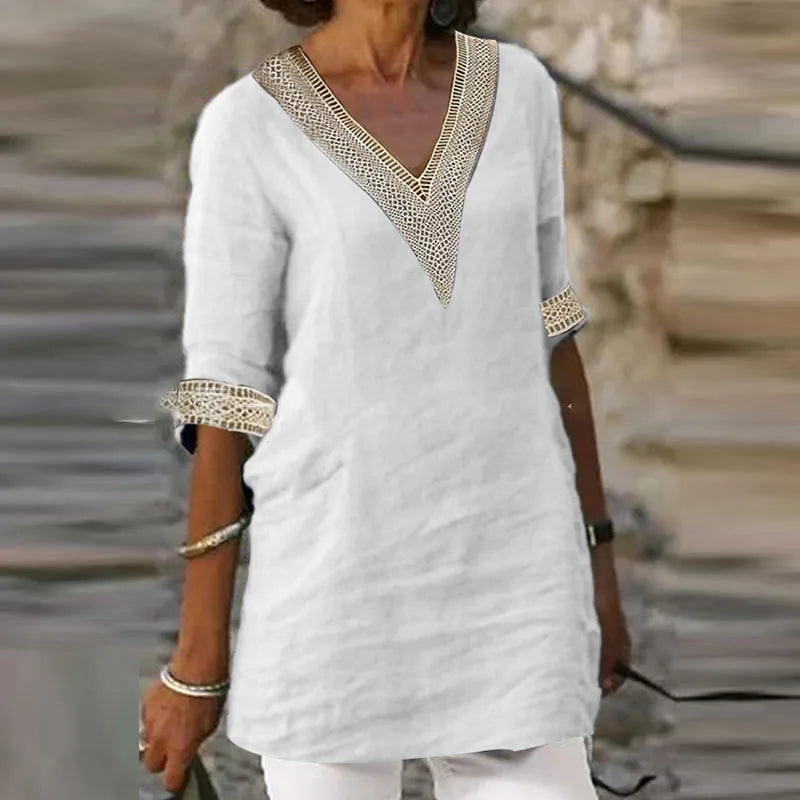 Women Clothing Elegant Half Sleeve Slim t Shirts & Blouse Summer Female Solid V-neck Pullover Patchwork Linen Tees Top