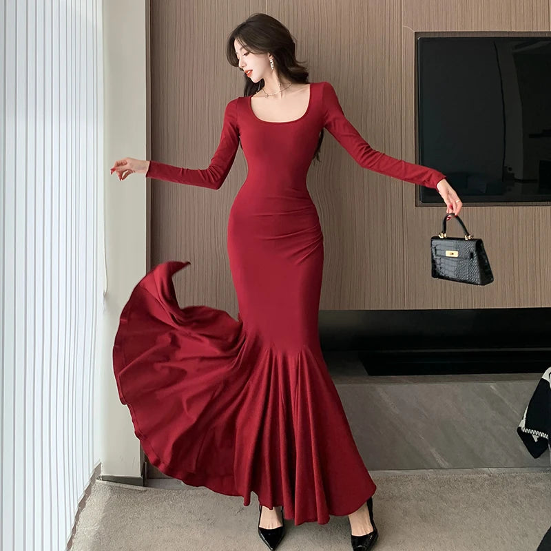 Vintage Women's Prom Dresses Sexy long sleeve O-Neck Fish Tail Long Skirt Elegant Banquet Party Dress For Women Vestidos