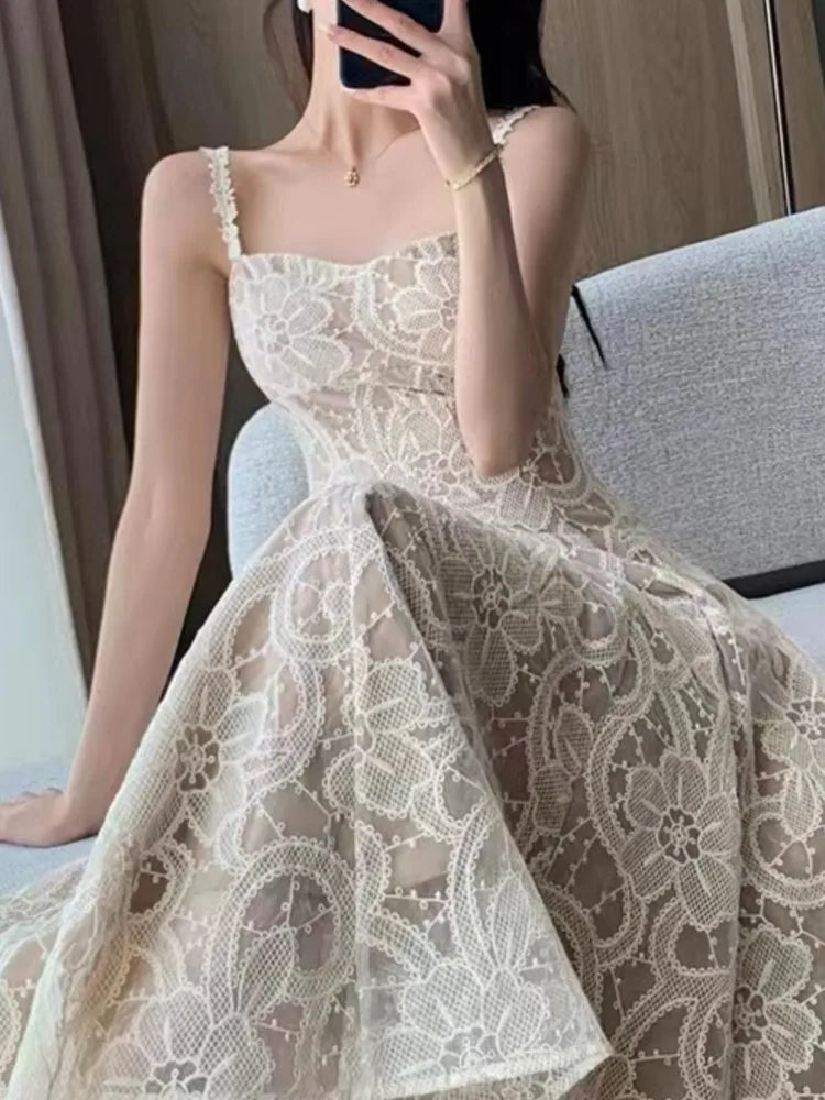 Sleeveless Casual A-Line Lace Women Summer Dress Strap Elegant Chic Solid Party Birthday Prom Robe Female Vestidos Mujers