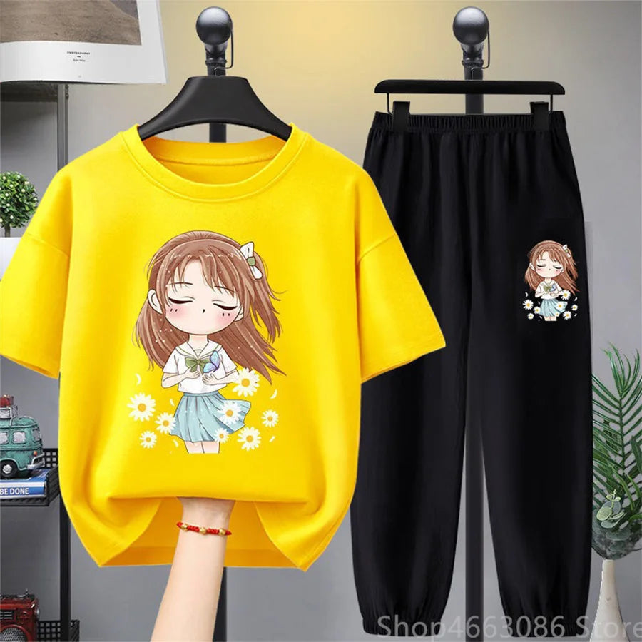 Summer kid baby Girls Clothes Child short Tops t shirt + pants teenager Tracksuit