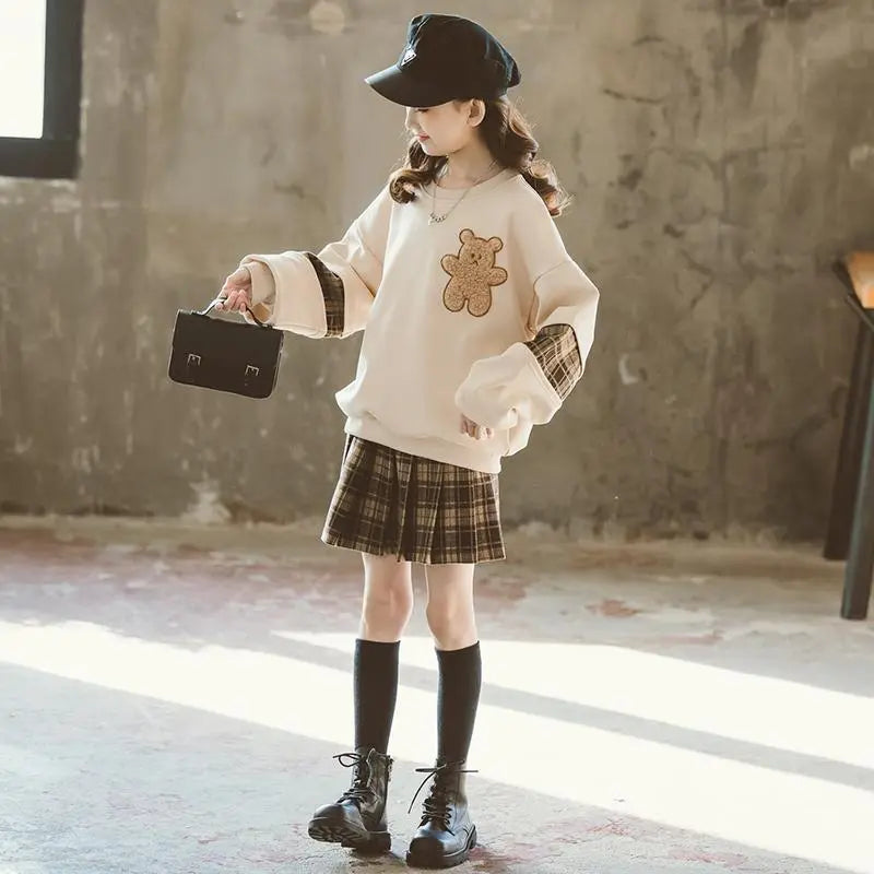 autumn winter Girls Clothes teenager bear hoodie t shirt + plaid spring JK pleated skirt uniform  4 5 6 7 8 9 10 11 12 year  kids girls  toddlers