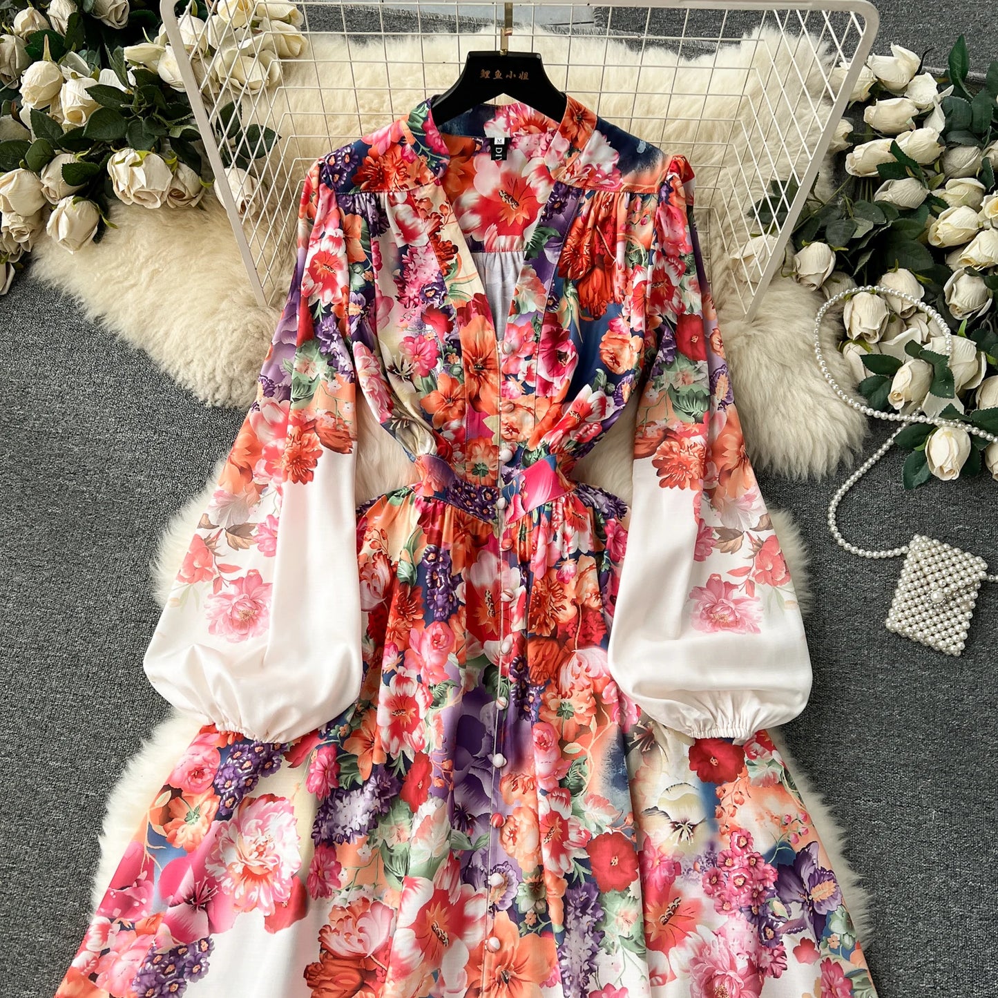 Spring Women'S Clothing  Elegant V-Neck Long Skirt Floral Print Dress Large Hem Party Formal Maxi Dress Vestidos