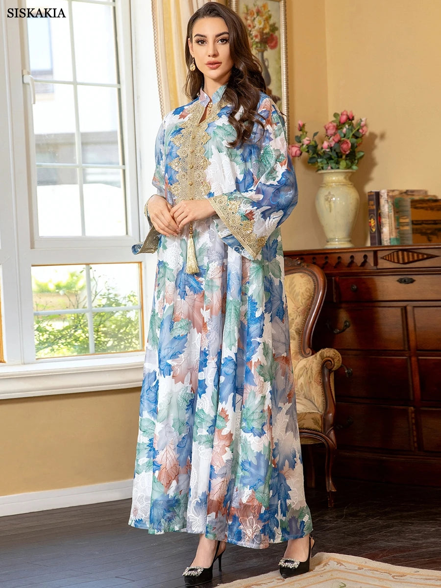Dubai Arab Fashion Printing Elegant Party Dresses Islamic Clothing Muslim Saudi Moroccan Women Kaftan Eid Robe