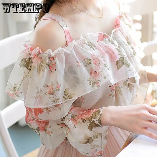 Chiffon Shirt Long Sleeved Top Women Blouse Sweet Broken Flower Prairie Chic