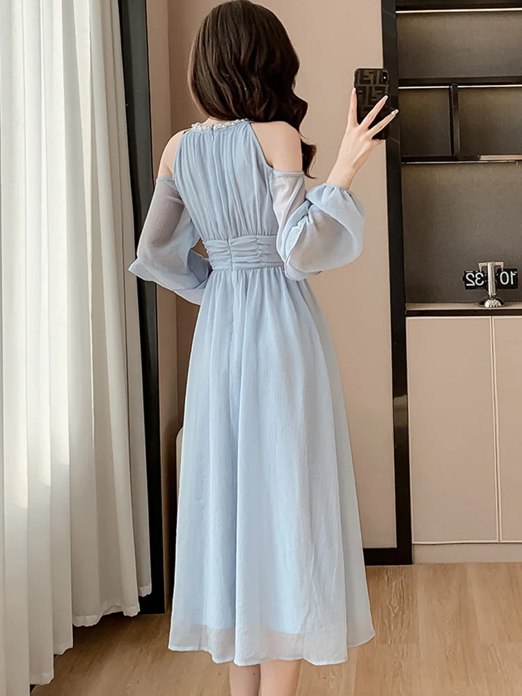 Women Blue Chiffon Off Shoulder Sexy Long Dress Spring Elegant Chic Diamonds Casual Dress  Korean Fashion Bodycon Prom Dress